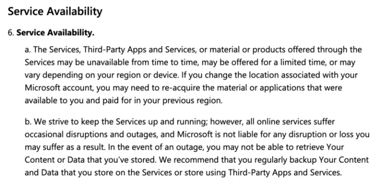 Microsoft Services Agreement: Service Availability 
