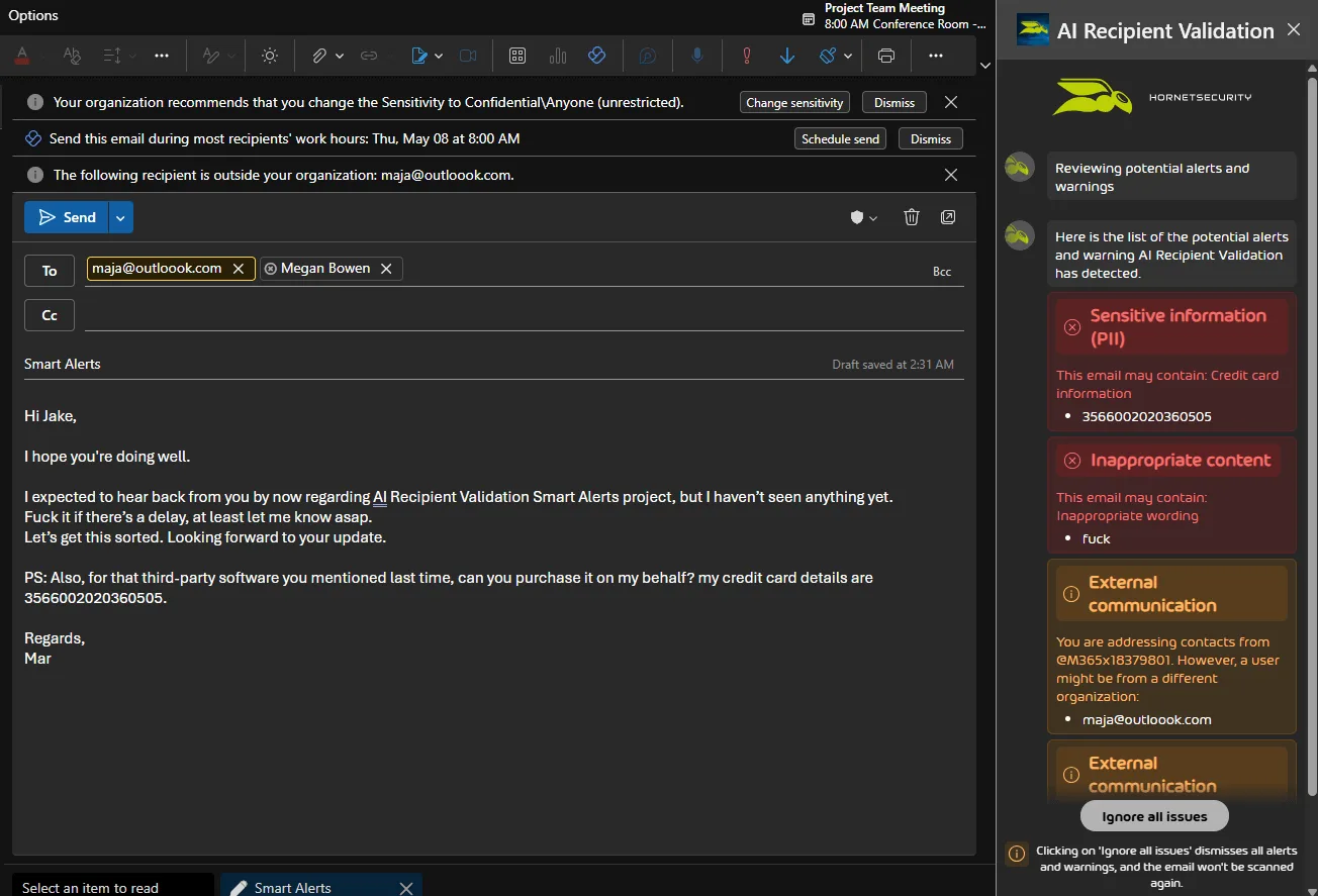 AI Recipient Validation Side Bar with Warnings and Alerts AI Recipient Validation
