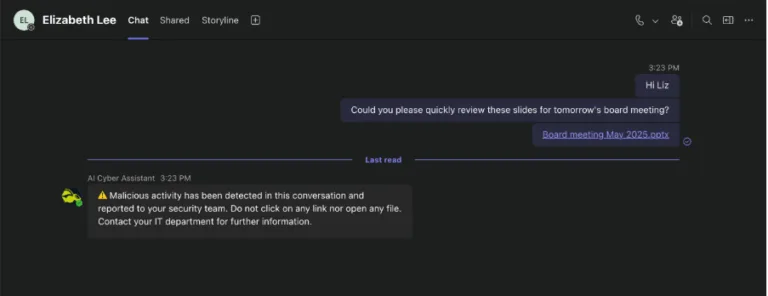 A chat example of a comprised account sending a payload to a user and AI Cyber Assistant warning the user in real-time