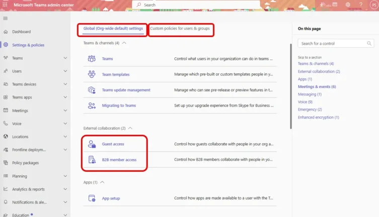 Teams admin center policies