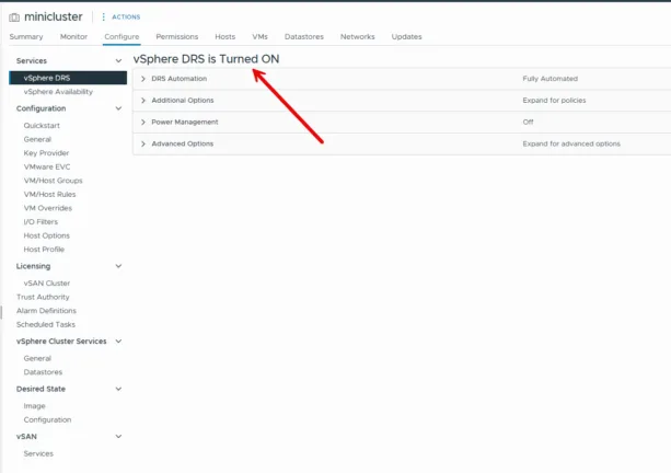 vSphere DRS configuration screen for enabling DRS and setting automation options